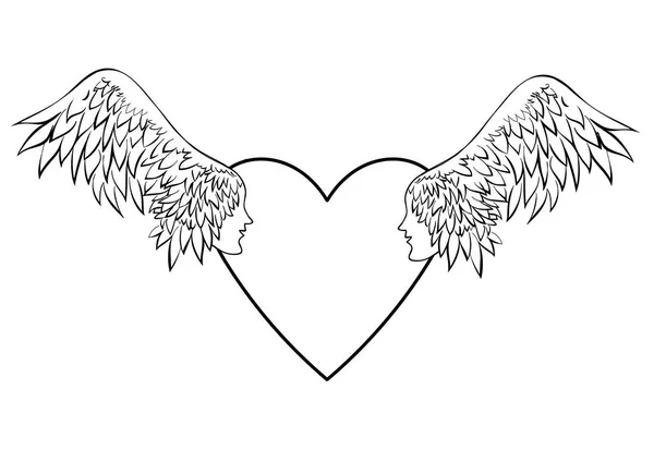 Corazón con alas. Dos alas con caras humanas. Angel vector. Alas tatuaje . — Archivo Imágenes Vectoriales