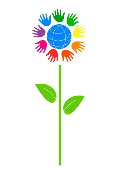 Globo en un círculo de manos de colores. Flor símbolo de la paz . — Archivo Imágenes Vectoriales