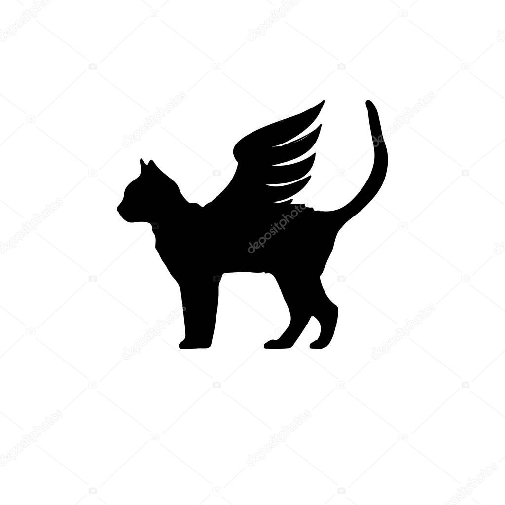Black cat with wings. Cat with wings icon.