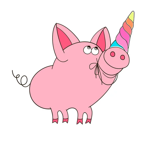 A pig with a unicorn horn. Funny cartoon childrens illustration. — Stock Vector