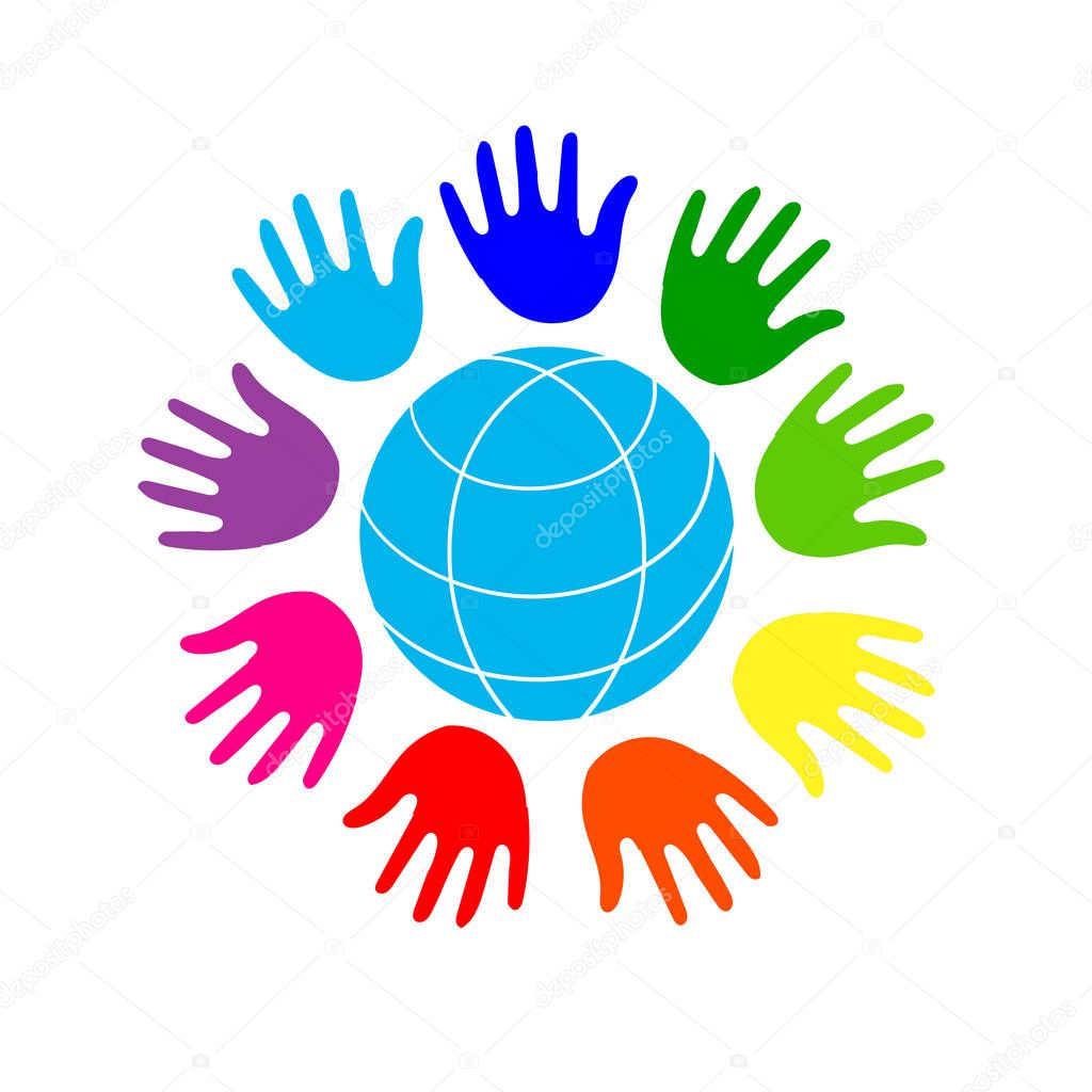 Color Hands Surrounding the Earth Globe. Unity, world peace. Isolated on white background.