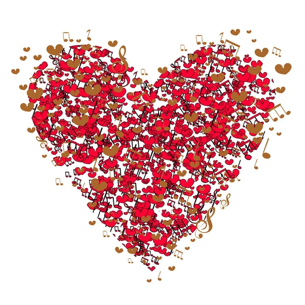 Corazón de San Valentín hecho de notas musicales - diseño abstracto. Tarjeta de San Valentín, corazón rojo sobre fondo blanco , — Archivo Imágenes Vectoriales
