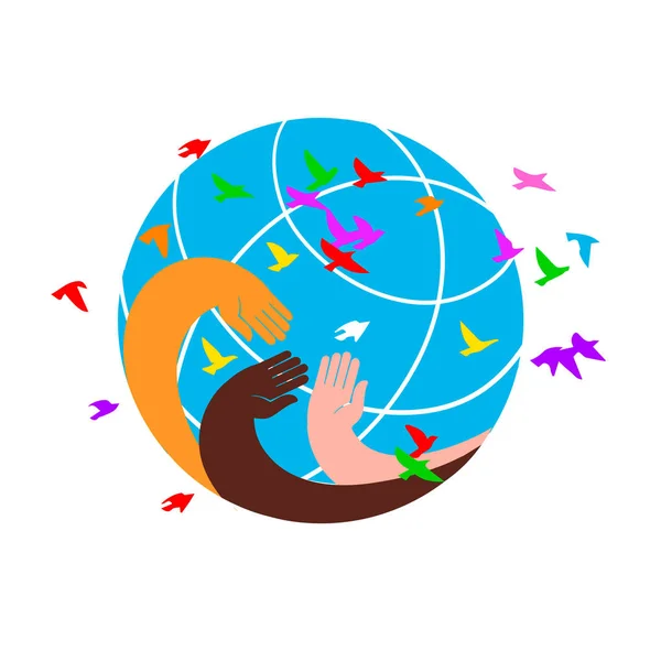Colored hands hugging the planet. International Human Rights — Stock Vector