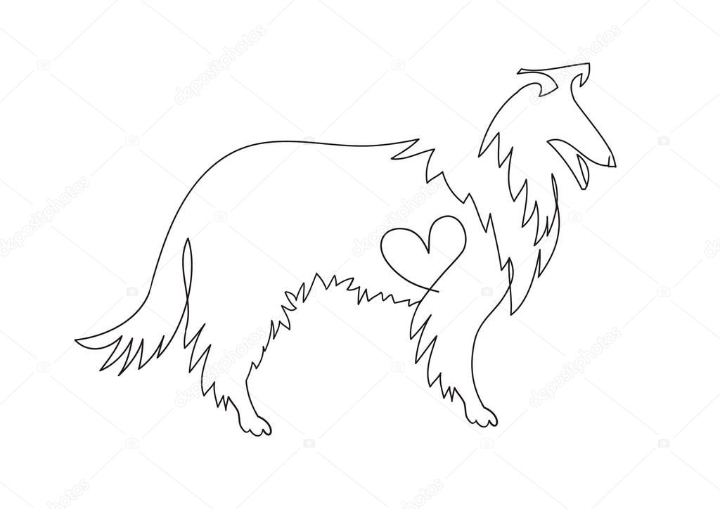 Collie vector icon. A collie dog with a heart. Collie silhouette, one line for tattoos.