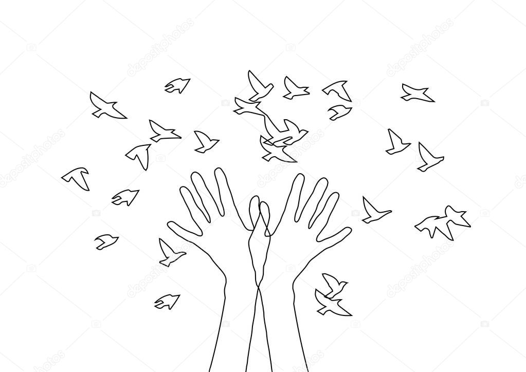 Hands releasing a flock of birds. Spring design, spring hand drawn linen illustration for logotype, coloring book, greeting card.