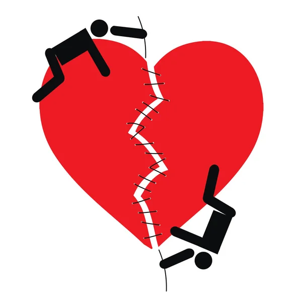 Cartoon afbeelding van een verliefde paar mensen Naai een gebroken rood hart op een witte achtergrond. — Stockfoto
