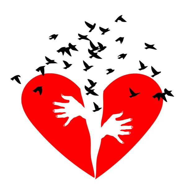 Красное сердце разбито. Птицы вылетают из разбитого сердца. Разбитое сердце или развод. Разбитое сердце или развод. Разбитое сердце, икона — стоковое фото