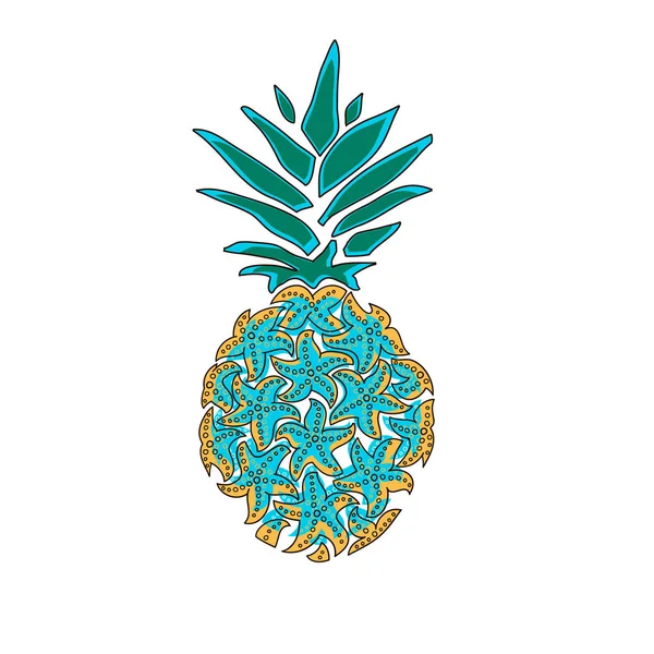 Ananas av havs stjärnor. Ananas handdragen vektor illustration isolerad på vit, logotyp, t-shirt design — Stock vektor