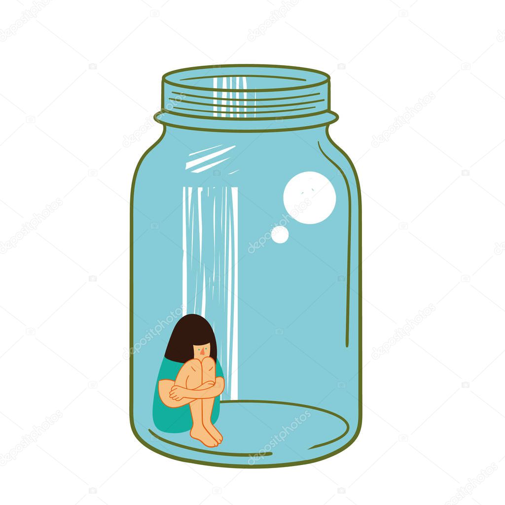 Girl in a glass jar. Metaphor for loneliness and isolation. Bullying