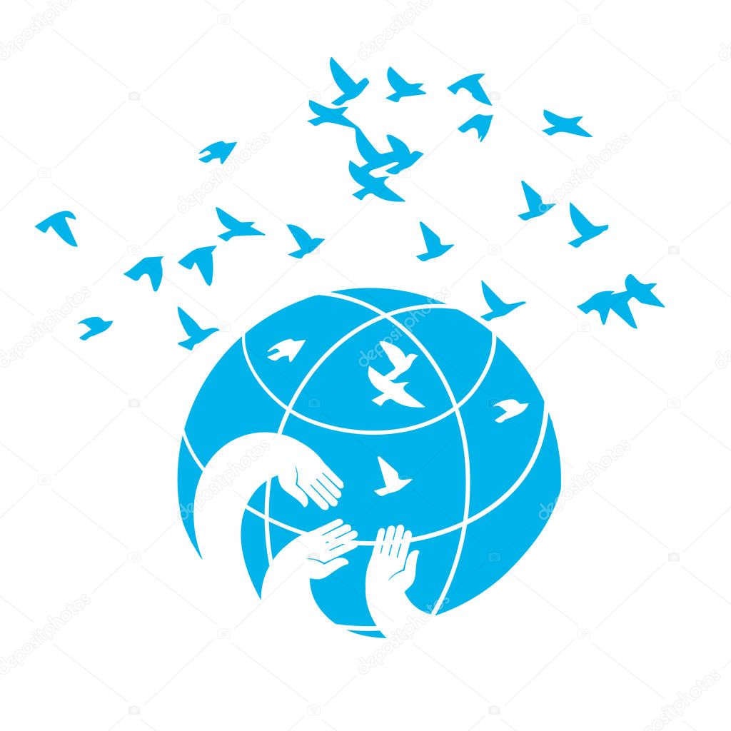 Hands on the globe, releasing into the sky of birds. Universal  illustration isolated on white background.