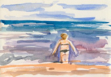 Denizin yanında kadın figürü. Suluboya krokisi.