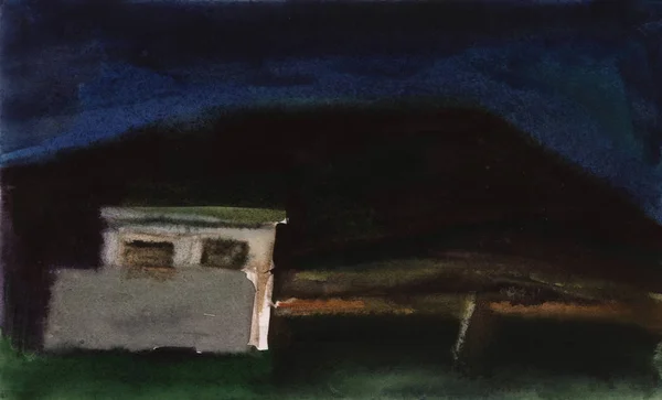 Croquis d'aquarelle de nuit. Ancienne structure en béton sur le fond du paysage nocturne . — Photo