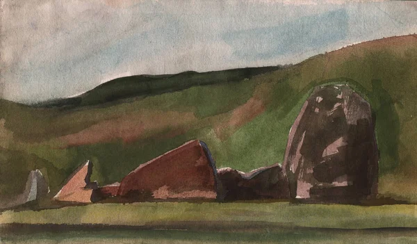 Landscape. Watercolor sketch painted watercolor from nature. Menhirs, illustration. Megaliths.