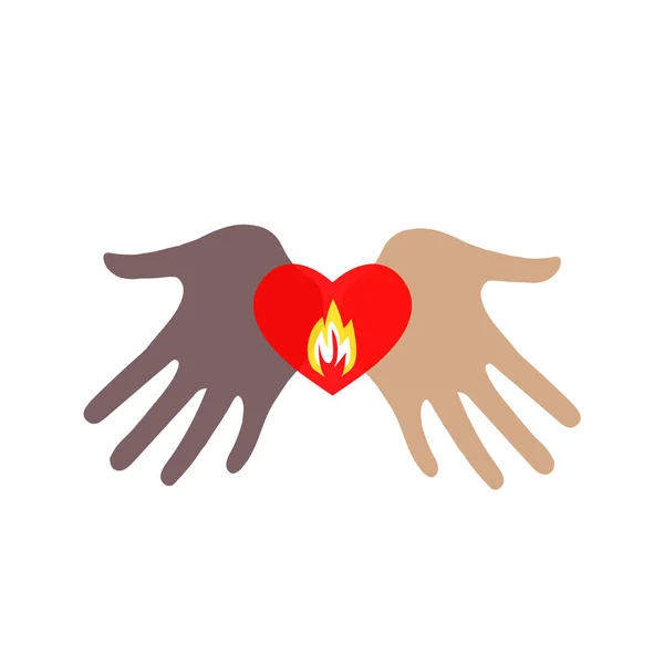Dos manos de diferentes colores de piel sosteniendo un corazón ardiente . — Foto de Stock