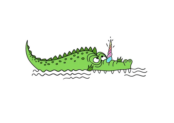 Unicroc. Crocodile-unicorn. Cute crocodile with unicorn horn. — Stock Vector