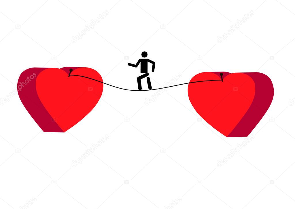 Tightrope walker icon. Tightrope Walker between two hearts. Problem of choice.