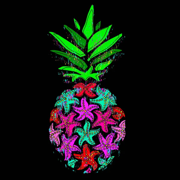 Ananas. Färgglada sjöstjärnor ananas på en svart bakgrund. — Stock vektor