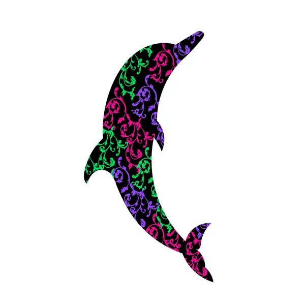 Dauphin dansant. Vecteur de dauphins. La silhouette noire d'un dauphin est décorée d'ornements . — Image vectorielle