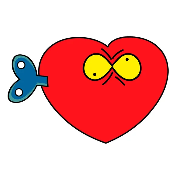 ハートクレイジー漫画のキャラクター。鍵付きの赤い機械的心臓のベクトル図. — ストックベクタ