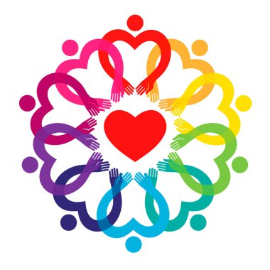 Kalbin etrafındaki insanlar. Dayanışma, sevgi ve barış kavramı.