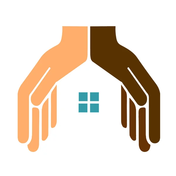Τα χέρια ενός λευκού και ενός Αφροαμερικανού προστατεύουν το σπίτι. — Διανυσματικό Αρχείο