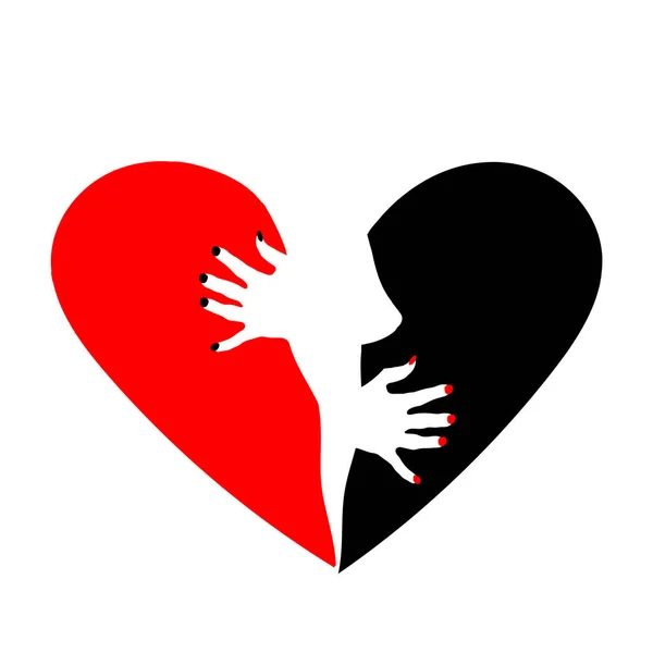Καρδιά Χωρίζεται Στα Δύο Κόκκινο Και Μαύρο Μια Γυναικεία Σιλουέτα — Διανυσματικό Αρχείο