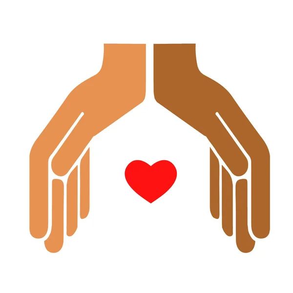 Zwei Hände mit unterschiedlicher Hautfarbe berühren sich in Form eines Hauses oder eines Daches, wobei das Herz auf weißem Hintergrund isoliert ist. Position der Hände farbiges flaches Symbol für Web- und Mobildesign — Stockvektor