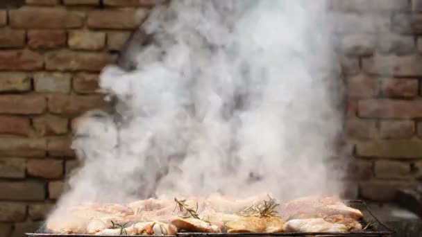 Carne Pollo Crujiente Parrilla Barbacoa Para Fumadores Con Romero — Vídeos de Stock