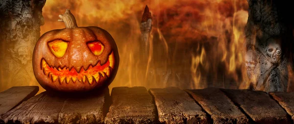 Zucca Halloween Spettrale Tavolo Legno Notte Con Sfondo Mistery Horror — Foto Stock