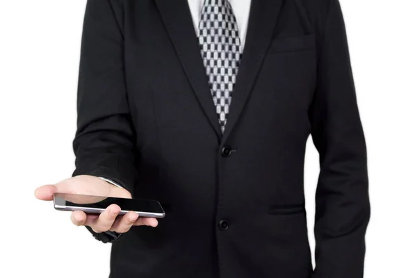 Businessman Black Suit Tie Holding Smartphone Hand White Background — Stock Photo, Image