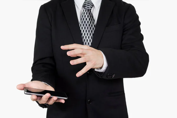 Businessman Black Suit Tie Holding Smartphone Hand Hand Gesture Phones — Stock Photo, Image