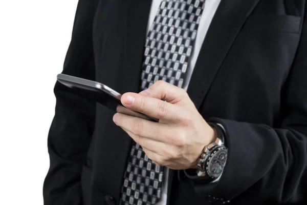 Businessman Black Suit Tie Holding Smartphone Hand Typing Message White — Stock Photo, Image