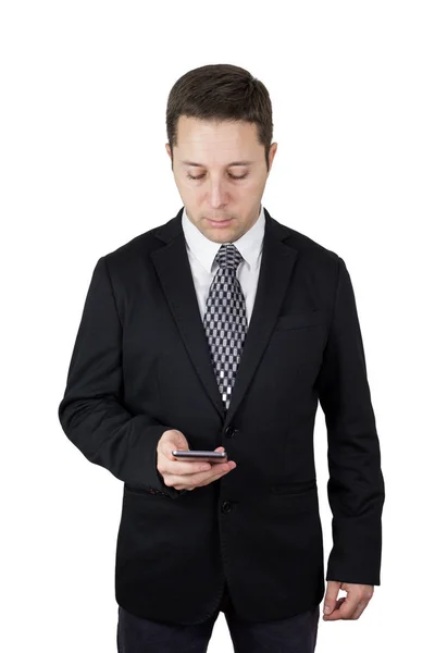 Businessman Black Suit Holding Smartphone Hand Typing Message White Background — Stock Photo, Image