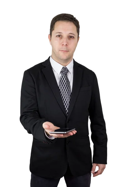 Businessman Black Suit Holding Smartphone Hand White Background — Stock Photo, Image