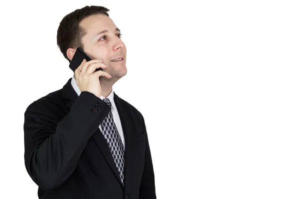 Businessman Black Suit Talking Phone White Background — Stock Photo, Image