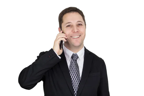 Businessman Black Suit Talking Phone While Smiling Feeling Happy White — Stock Photo, Image