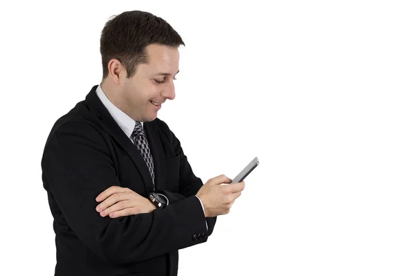 Businessman Black Suit Holding Phone While Smiling Feeling Happy White — Stock Photo, Image