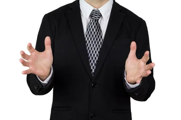 Businessman Black Suit Hands Wide Opened Focus Hands Isolated White — Stock Photo, Image