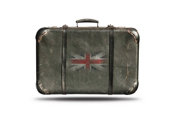 Voyage Vintage Valise en cuir avec drapeau de la Grande-Bretagne isolé sur fond blanc — Photo