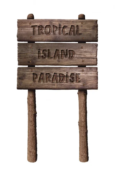 夏季木板标志与文本，热带岛屿天堂孤立在白色背景 — 图库照片
