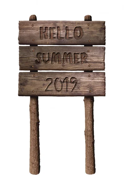 Firma de tablero de madera de verano con texto, Hola verano 2019 aislado sobre fondo blanco — Foto de Stock