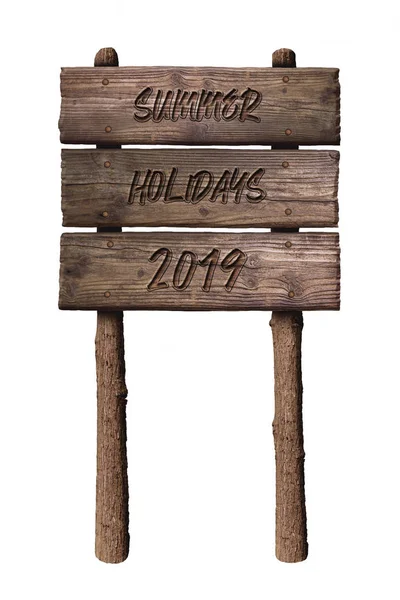 夏季木板标志与文本，暑假2019年隔离在白色背景 — 图库照片