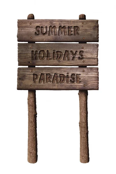 Letrero de tablero de madera de verano con texto, vacaciones de verano paraíso aislado sobre fondo blanco — Foto de Stock