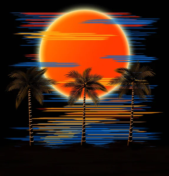 Puesta de sol de verano en la playa con palmeras Ilustración —  Fotos de Stock