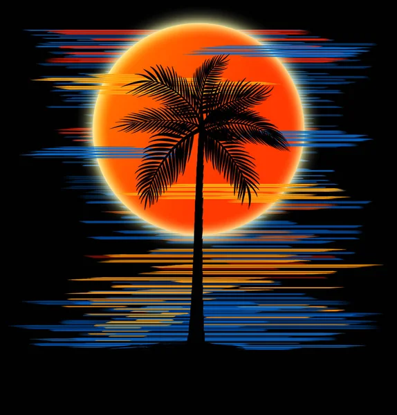 Palm Tree İllüstrasyon ile Plajda Yaz Gün Batımı — Stok fotoğraf