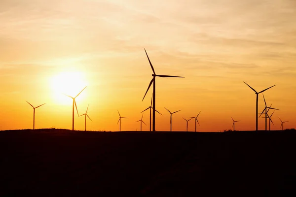 Turbinas eólicas sobre el cielo al atardecer generando electricidad — Foto de Stock