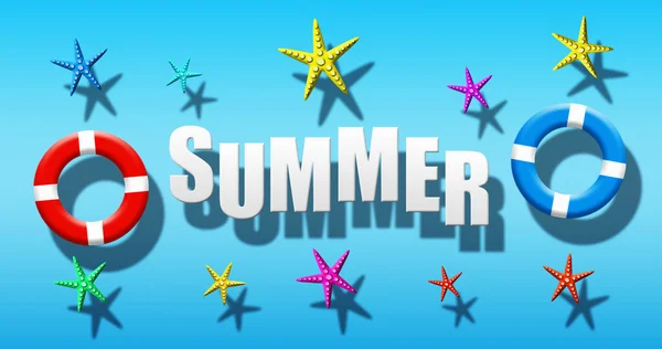 Sommerurlaub im Schwimmbad mit Tauchermaske, Schwimmflossen und Seesternen auf blauer Wasseroberfläche — Stockfoto