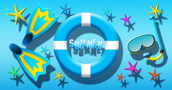 Letní prázdniny v plaveckém bazénu s potápěčskou maskou, ploutve a bezpečnostním kroužkem plovoucí na hladině modré vody — Stock fotografie