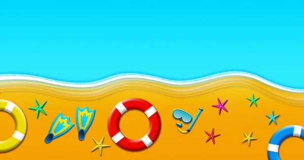 Summer Holiday At Tropical Sandy Beach With Scuba Mask, Flippers, Safety Rings and Starfish Illustration