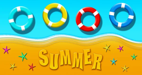 Letní prázdniny na tropické písečné pláži s tyrkysovou modrou vodou a plovoucími bezpečnostními kroužky vrcholový pohled na pozadí ilustrace — Stock fotografie